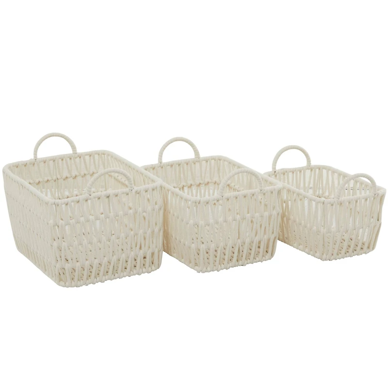 White Cotton Handmade Storage Basket with Handles Set of 3 11", 10", 9"