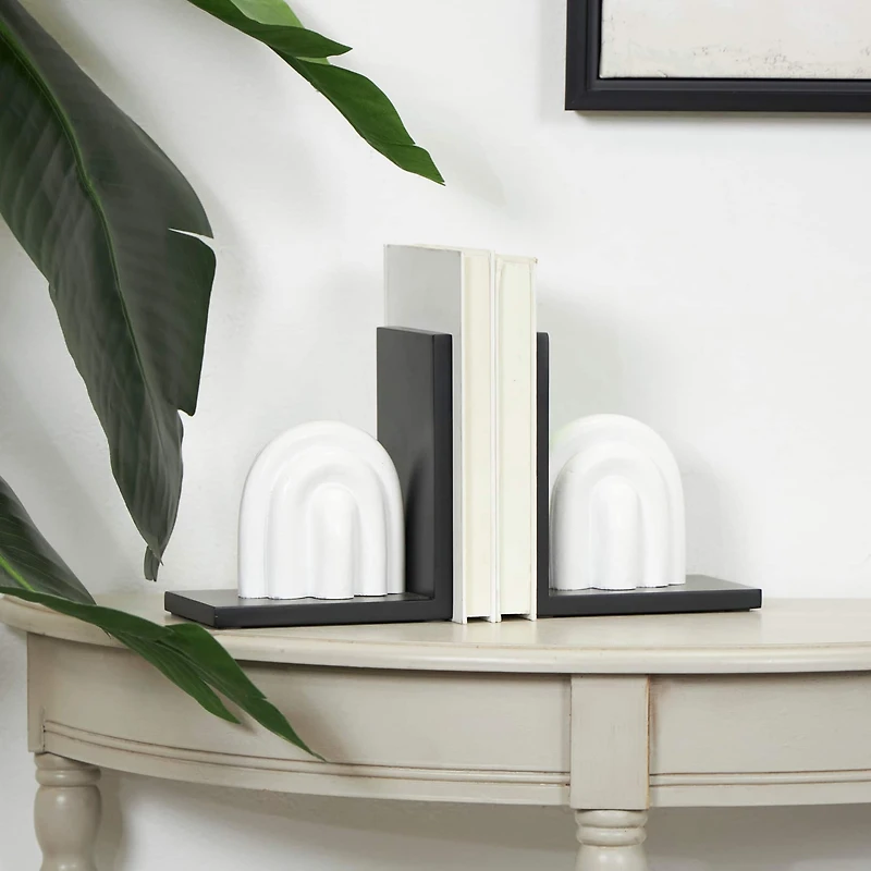 7" White MDF Abstract Layered Arched Bookends with Black Stands Set