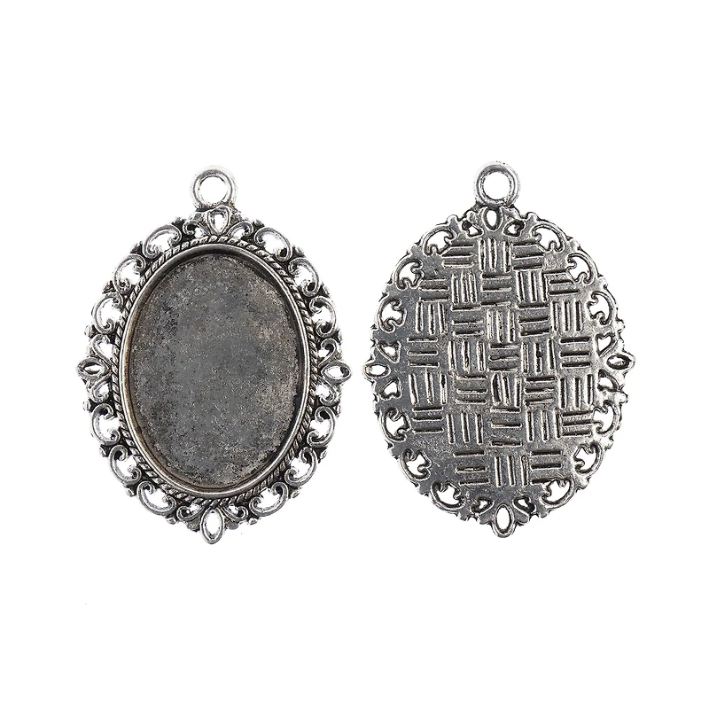 John Bead 38mm Antique Silver Oval Pendant Frames, 3ct.