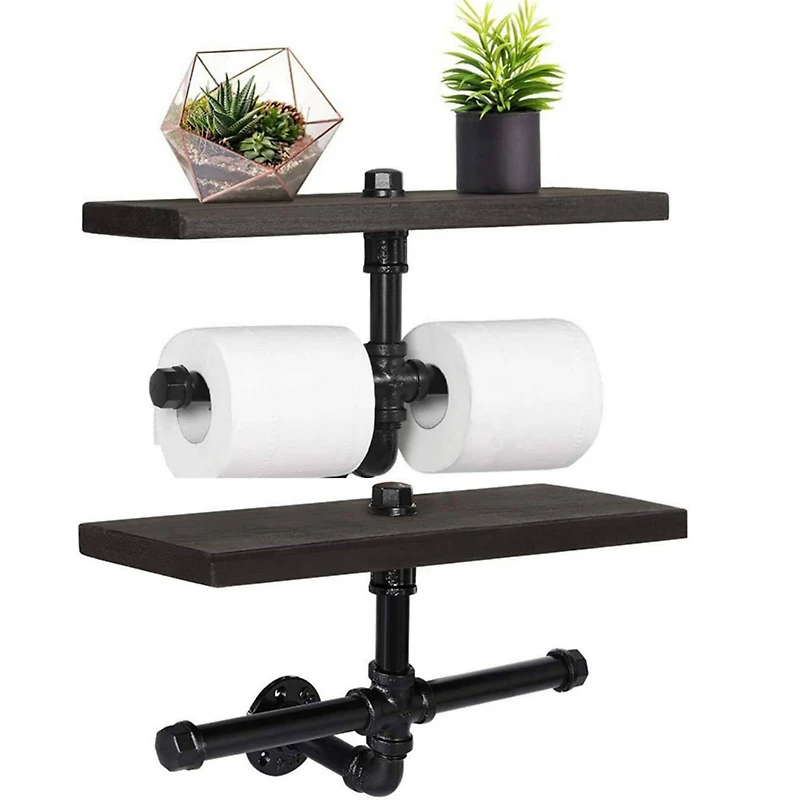 Black Wall Mounted Industrial Dual Toilet Paper Holder with Storage Shelf