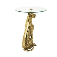 25" Gold Aluminum Leopard Spotted Sitting Accent Table with Glass Tabletop