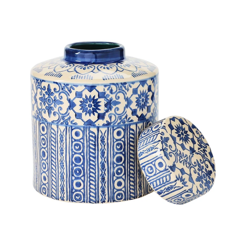 Hello Honey® 10" Blue & Cream Pattern Stoneware Ginger Jar