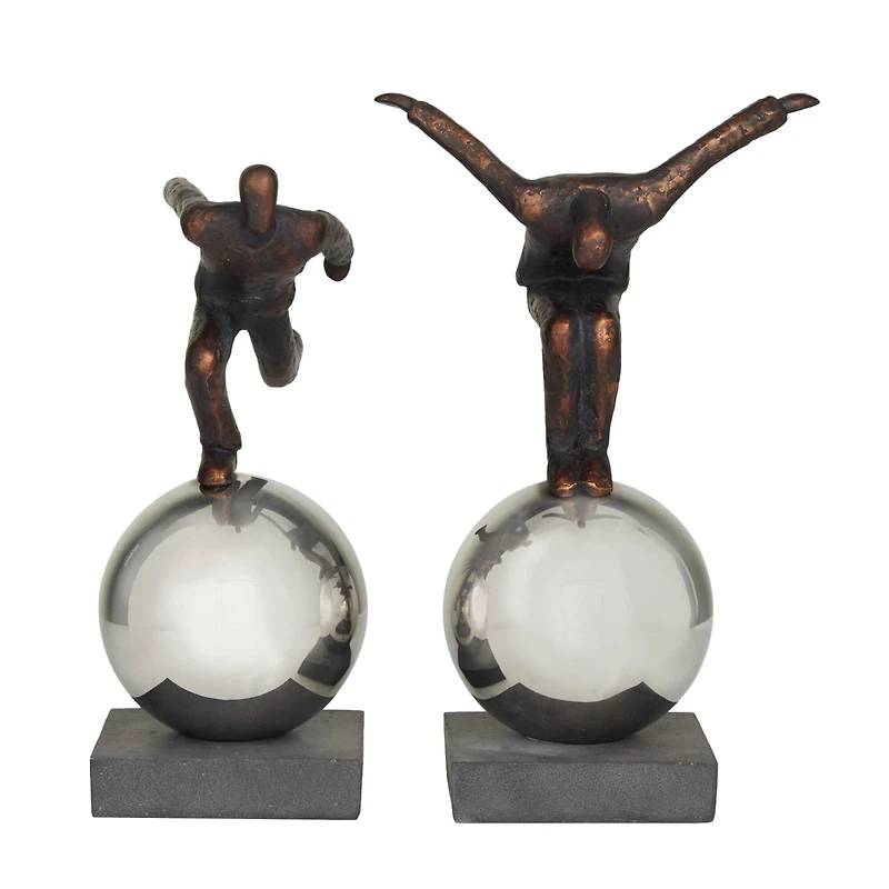 Bronze People Sculpture with Silver Ball Stand Set