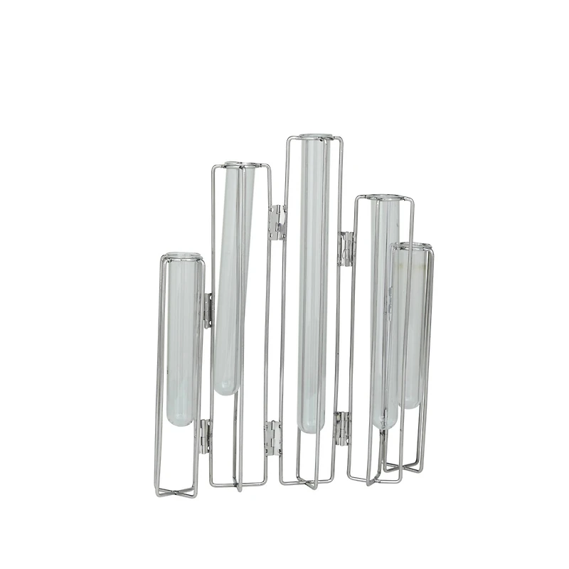 Silver Glass Tube Vase with Metal Stand 11" x 2" x 12"
