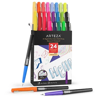 Arteza® 24 Color Bright & Neon Permanent Ultra Fine Tip Marker Set