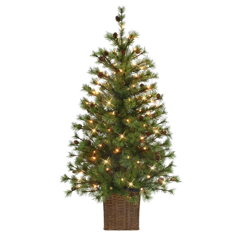 4ft. Pre-Lit Spruce Artificial Potted Christmas Tree in Rattan Base, Clear Lights