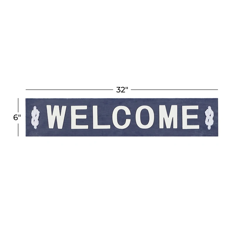 Coastal Blue and White Wood and Metal Welcome Sign, 6" x 32" x 2"