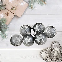 6ct. 4" Gray & White Snowflake Glass Ball Ornaments