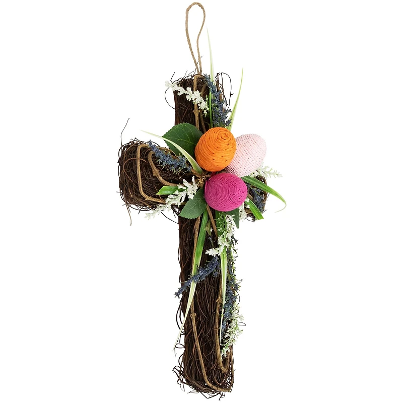 13.25" Twig Cross Wall Decoration with Easter Eggs