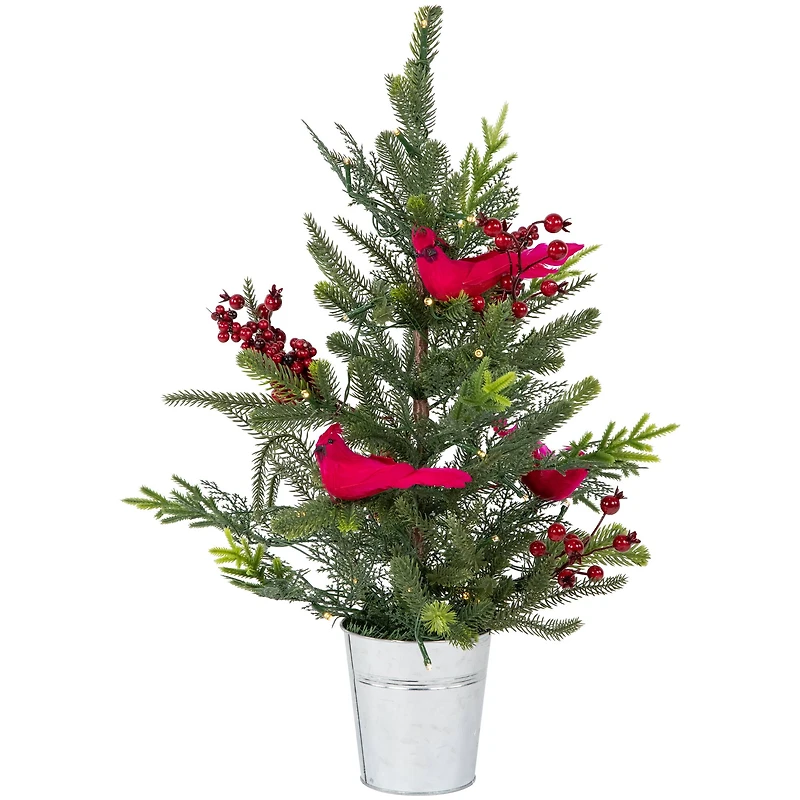 2ft. Pre-Lit Potted Mixed Pine, Berry & Cardinals Christmas Tree, Warm White LED Lights