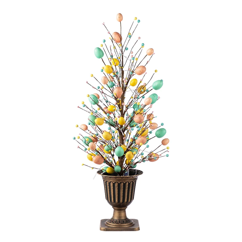 Glitzhome® 36" Lighted Easter Egg & Berries Urn Porch Tree with Timer