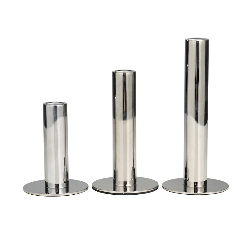 Silver Stainless Steel Slim Minimalistic Candle Holder with Rounded Base Set