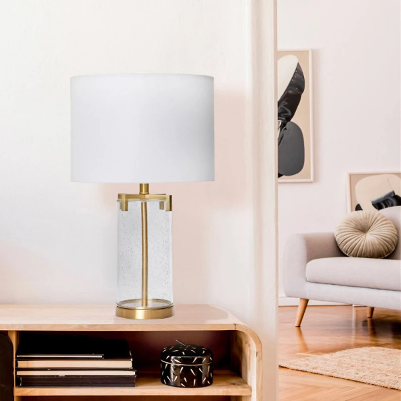 Hello Honey® Glass & Metal Brushed Gold Lamp with White Linen Shade