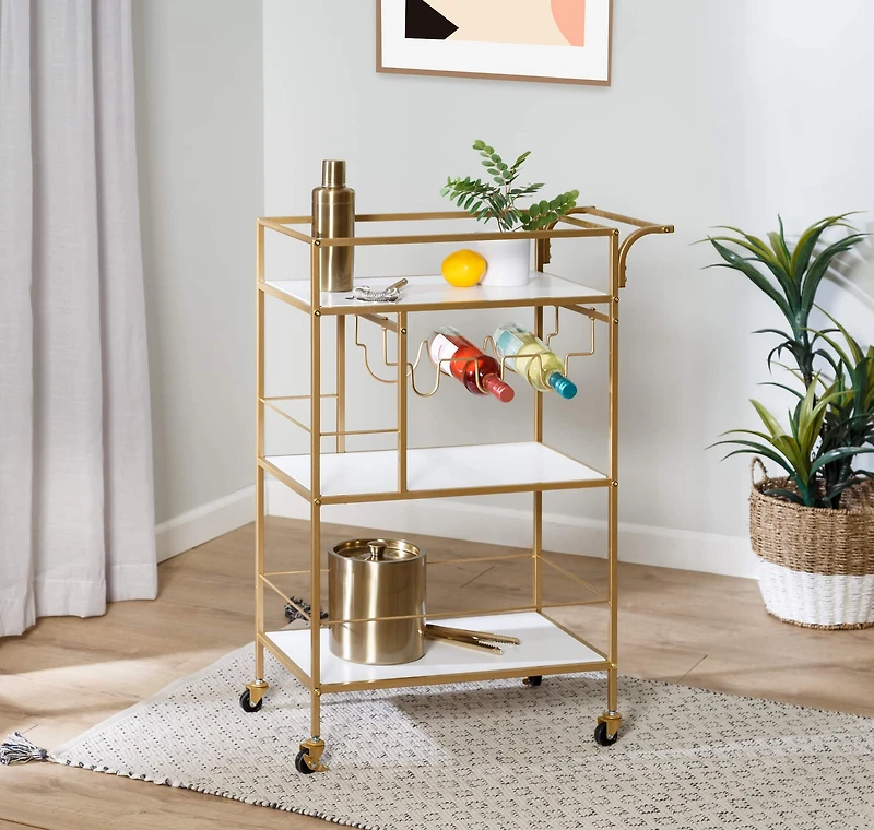 Honey Can Do 3-Tier Gold & White Rolling Bar & Serving Cart with Handles
