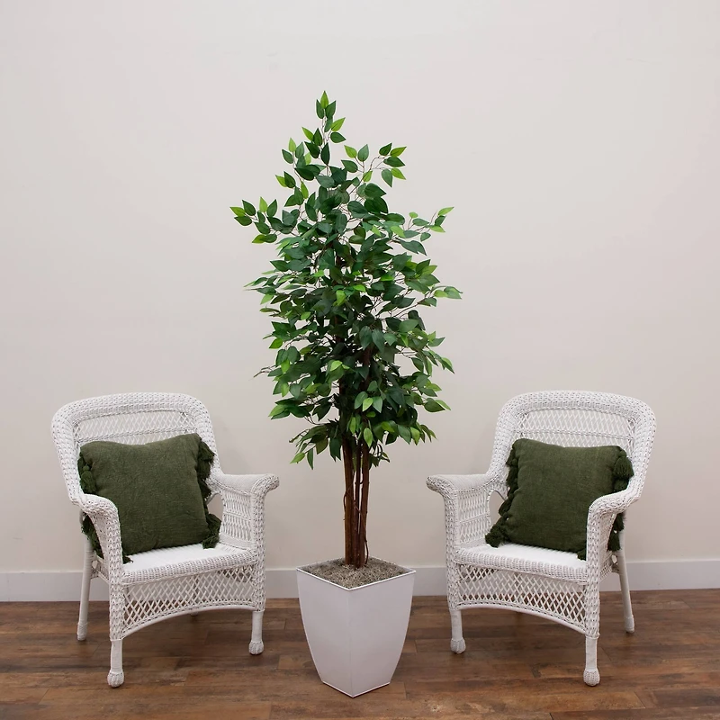 6ft. Artificial Double Stalk Ficus Tree in White Metal Planter
