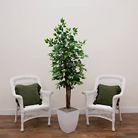 6ft. Artificial Double Stalk Ficus Tree in White Metal Planter