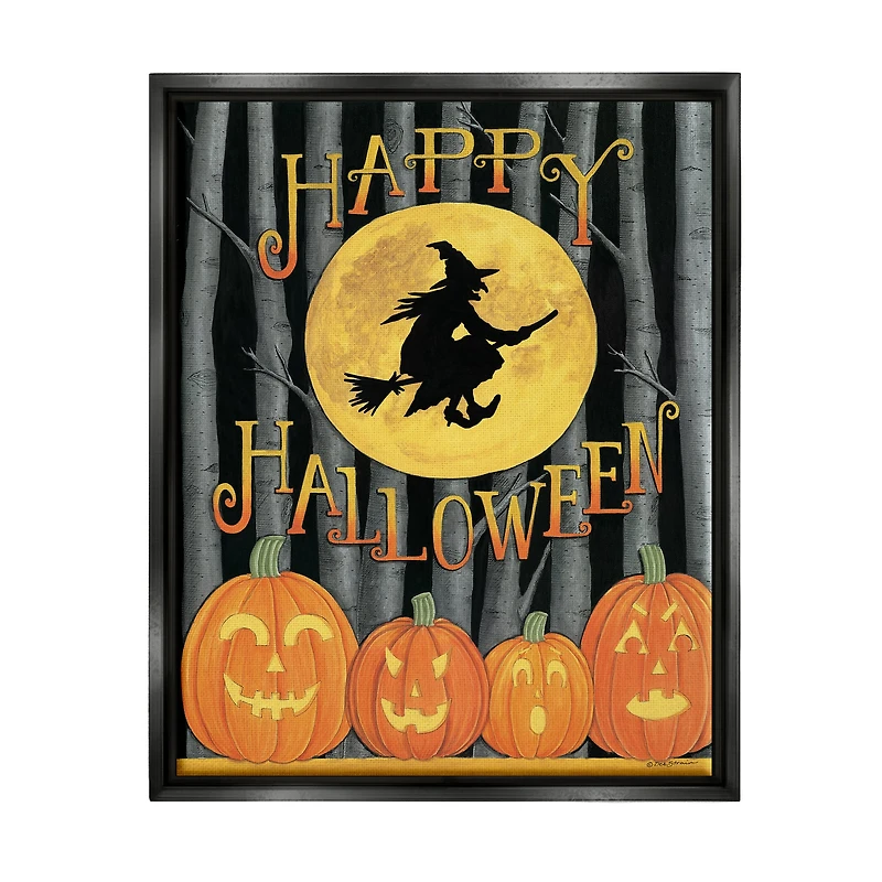 Stupell Industries Happy Halloween Forest Witch Framed Floater Canvas Wall Art