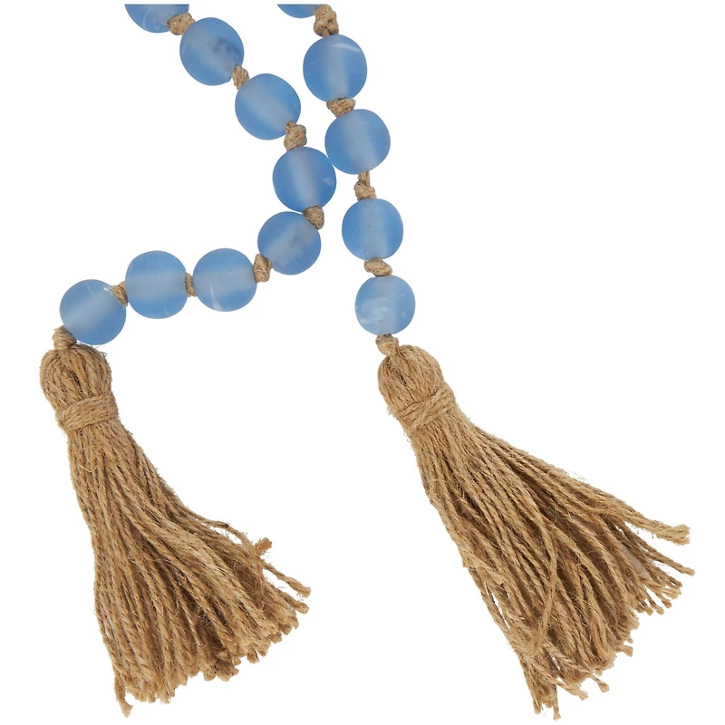 Light Blue Handmade Frosted Glass Beaded Garland with Tassel and Knotted Brown Jute
