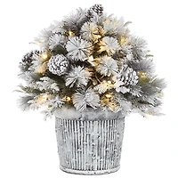 22" Pre-Lit Flocked Chiwawa Basin Pine Tree With Pinecones In Gray Pot, Clear LED Lights