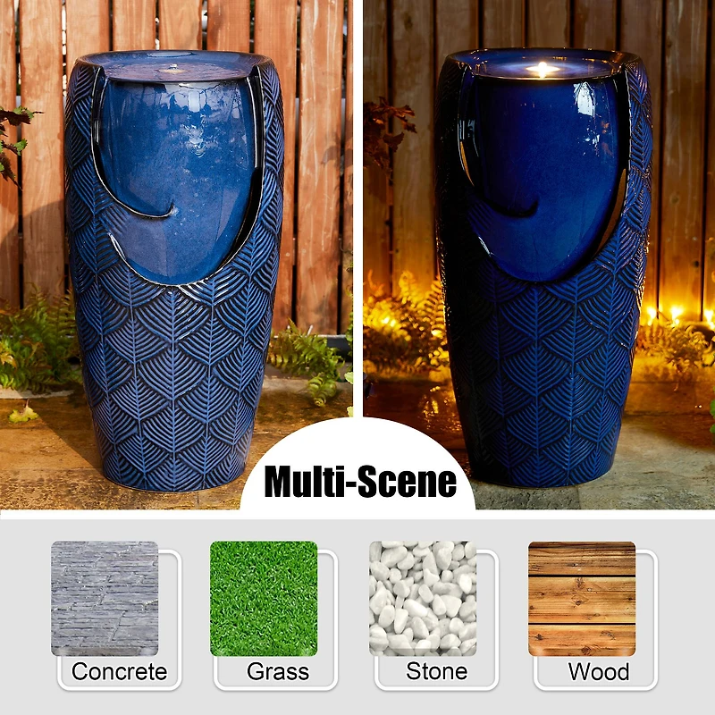Glitzhome® 29.25" LED Cobalt Blue Scale-Like Ceramic Pot Outdoor Floor Fountain