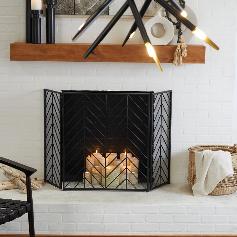 Black Metal Foldable Mesh Netting 3 Panel Geometric Fireplace Screen with Chevron Pattern 52" x 1" x 31"