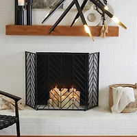 Black Metal Foldable Mesh Netting 3 Panel Geometric Fireplace Screen with Chevron Pattern 52" x 1" x 31"