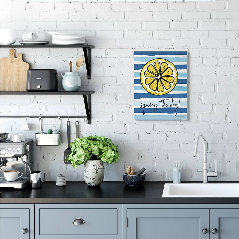Stupell Industries Squeeze The Day Expression Lemon Nautical Stripes Canvas Wall Art