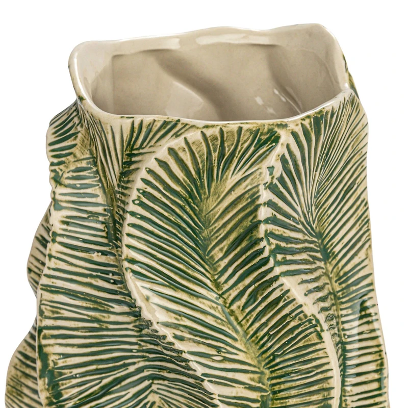 Hello Honey® 12.75" Green Textured Stoneware Organic Shaped Vase with Reactive Glaze