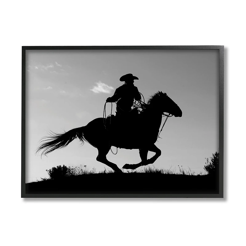 Stupell Industries Southwestern Cowboy Silhouette Black White Horse in Black Frame Wall Art