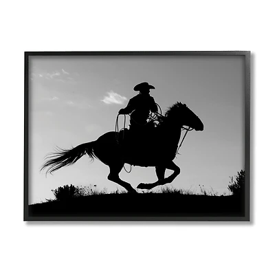 Stupell Industries Southwestern Cowboy Silhouette Black White Horse in Black Frame Wall Art