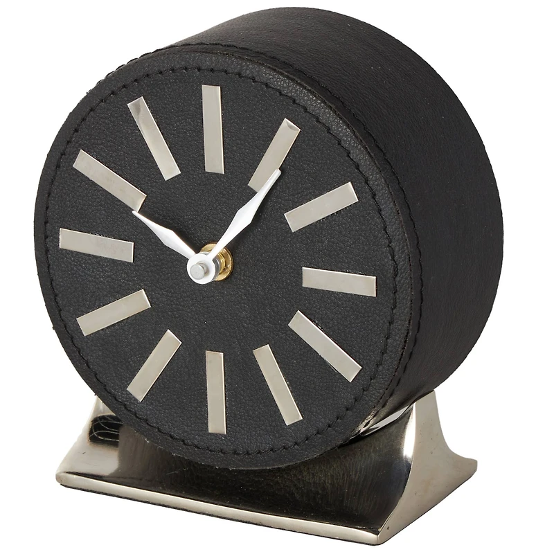 Faux Leather Round Decorative Clock with Rectangular Base
