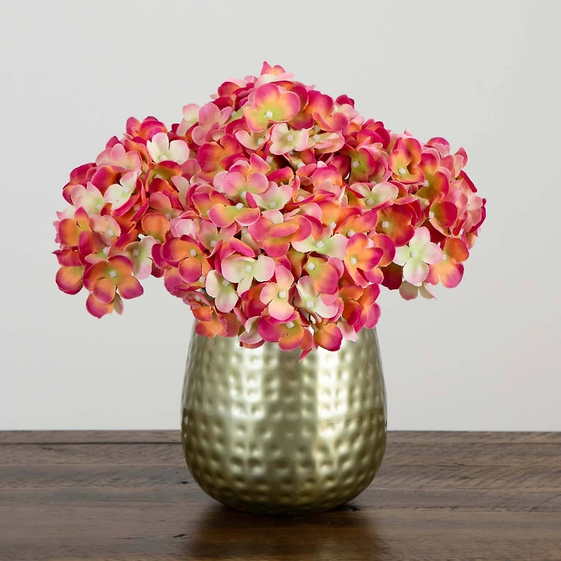 11" Pink Hydrangea Arrangement in Gold Metal Vase