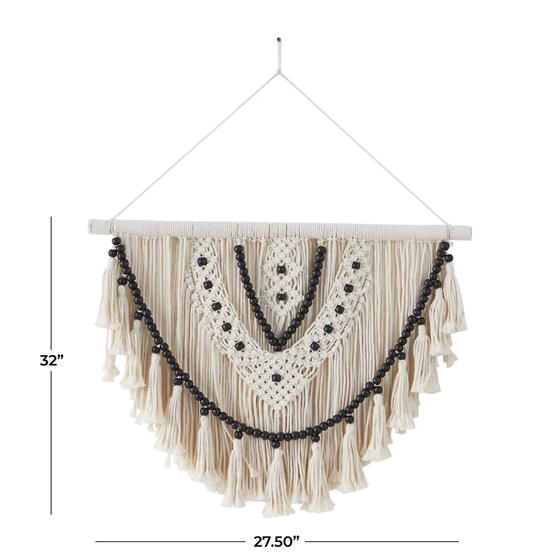 White Cotton Handmade Intricately Weaved Macrame Wall Decor with Beaded Fringe Tassels 28" x 1" x 32"