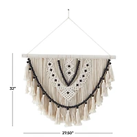 White Cotton Handmade Intricately Weaved Macrame Wall Decor with Beaded Fringe Tassels 28" x 1" x 32"