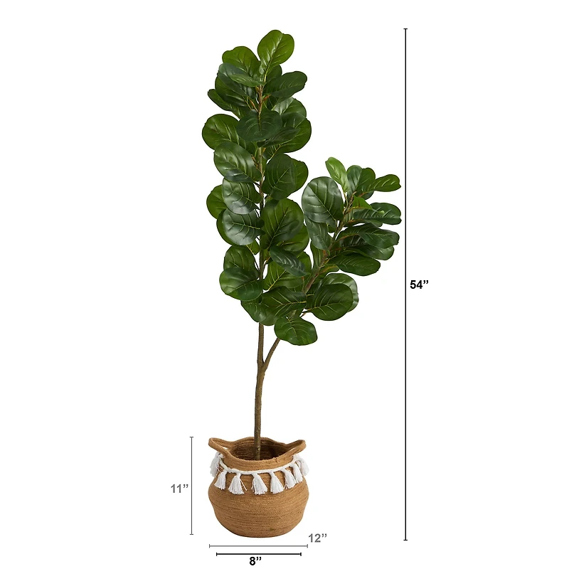 4.5ft. Fiddle Leaf Fig Artificial Tree with Boho Chic Handmade Natural Cotton Woven Planter with Tassels