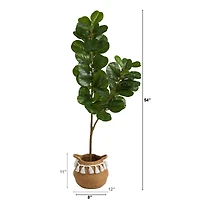 4.5ft. Fiddle Leaf Fig Artificial Tree with Boho Chic Handmade Natural Cotton Woven Planter with Tassels