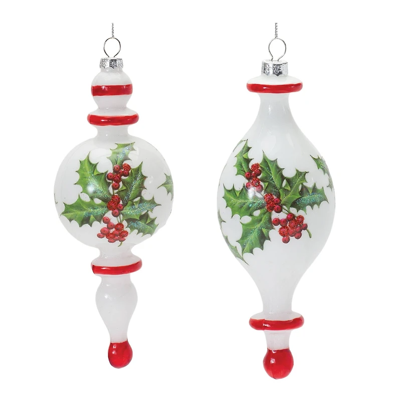 6ct. Holly Glass Finial Drop Ornament Set