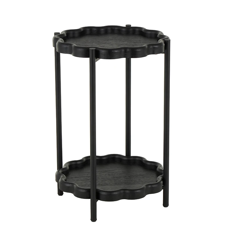 23.75" Black Wood Floral Inspired 2-Level Side End Accent Table with Metal Legs