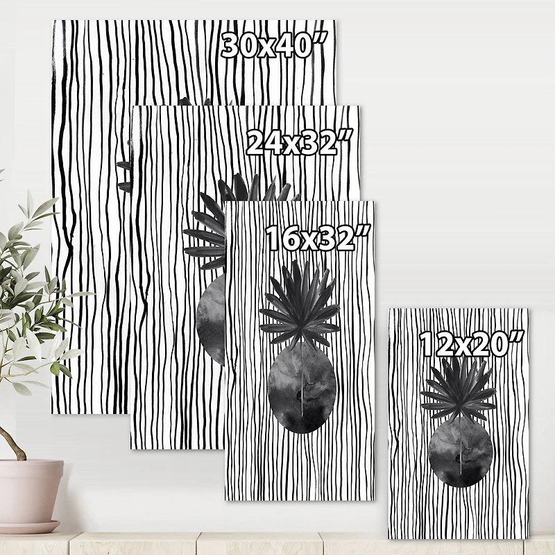 Designart - Black and White Tropical Leaf On Striped I