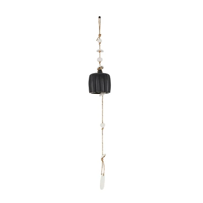 2ft. Black Ceramic Handmade Textured Bell Windchime with Cascading White Disks