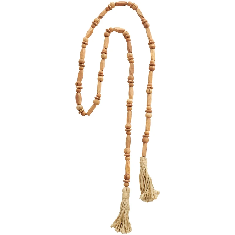7ft. Brown Mango Wood Handmade Rectangle Carved Geometric Long Beaded Garland with Tassel