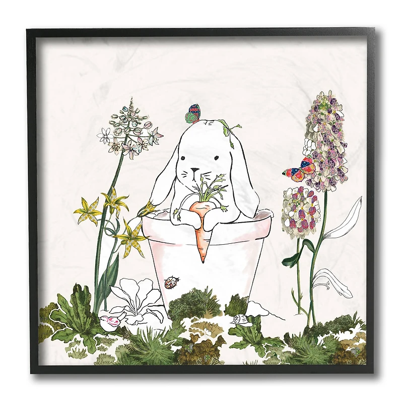 Stupell Industries Bunny in Flower Pot Lilac Florals Blooming Black Framed Wall Art