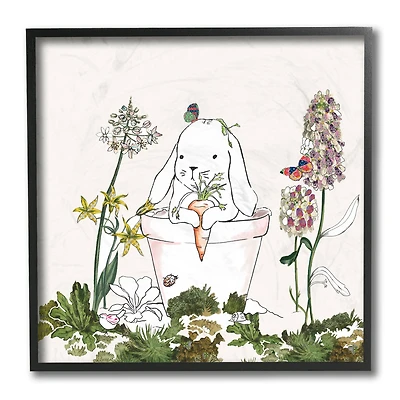 Stupell Industries Bunny in Flower Pot Lilac Florals Blooming Black Framed Wall Art