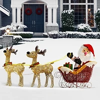 34" Santa & Reindeer Pulling Sleigh, Clear Lights