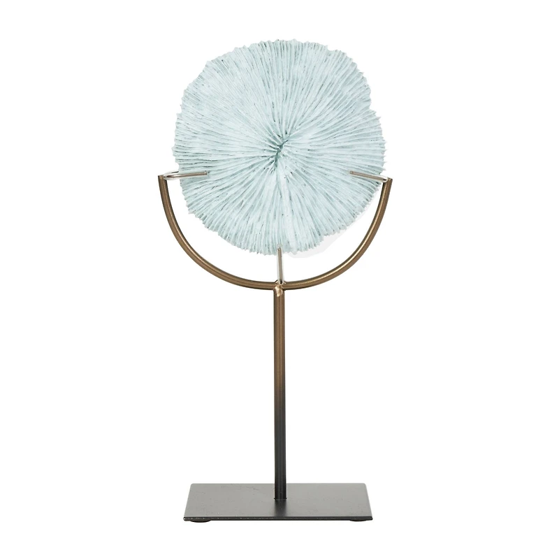 12.5" Light Blue Polystone Coral Textured Sculpture with Bronze Stand