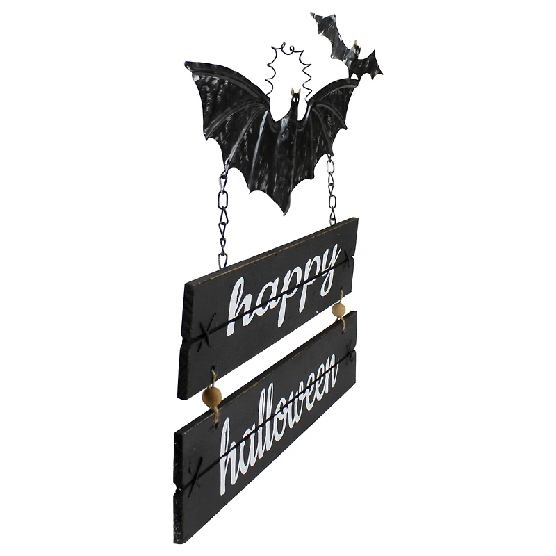 17" Black Bat & Happy Halloween Metal Hanging Sign