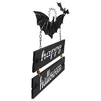 17" Black Bat & Happy Halloween Metal Hanging Sign