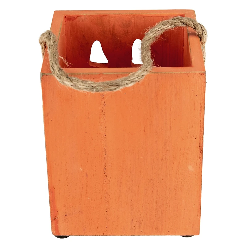 6" Orange Wood Jack-O-Lantern Halloween Candle Lantern
