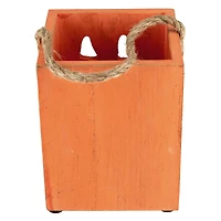 6" Orange Wood Jack-O-Lantern Halloween Candle Lantern
