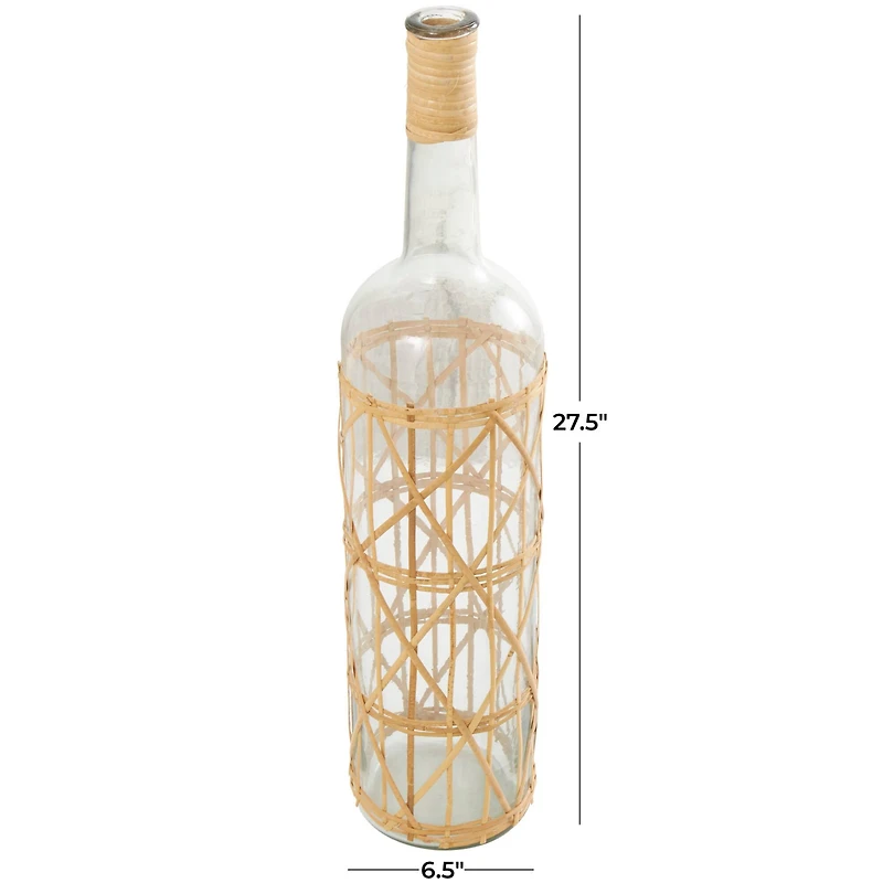 27" Clear Glass Handmade Tall Vase with Light Brown Rattan Woven Body & Neck